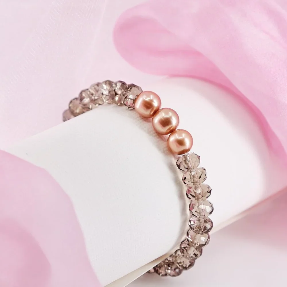 Smoky Quartz Bracelet w/Gold Pearls, Dainty Genuine Gemstone Stretch Bracelet